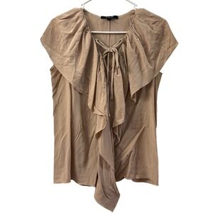 Derek Lam New York Silk Beige Ruffle Tie Neck Cap Sleeve Blouse Top USA 2
